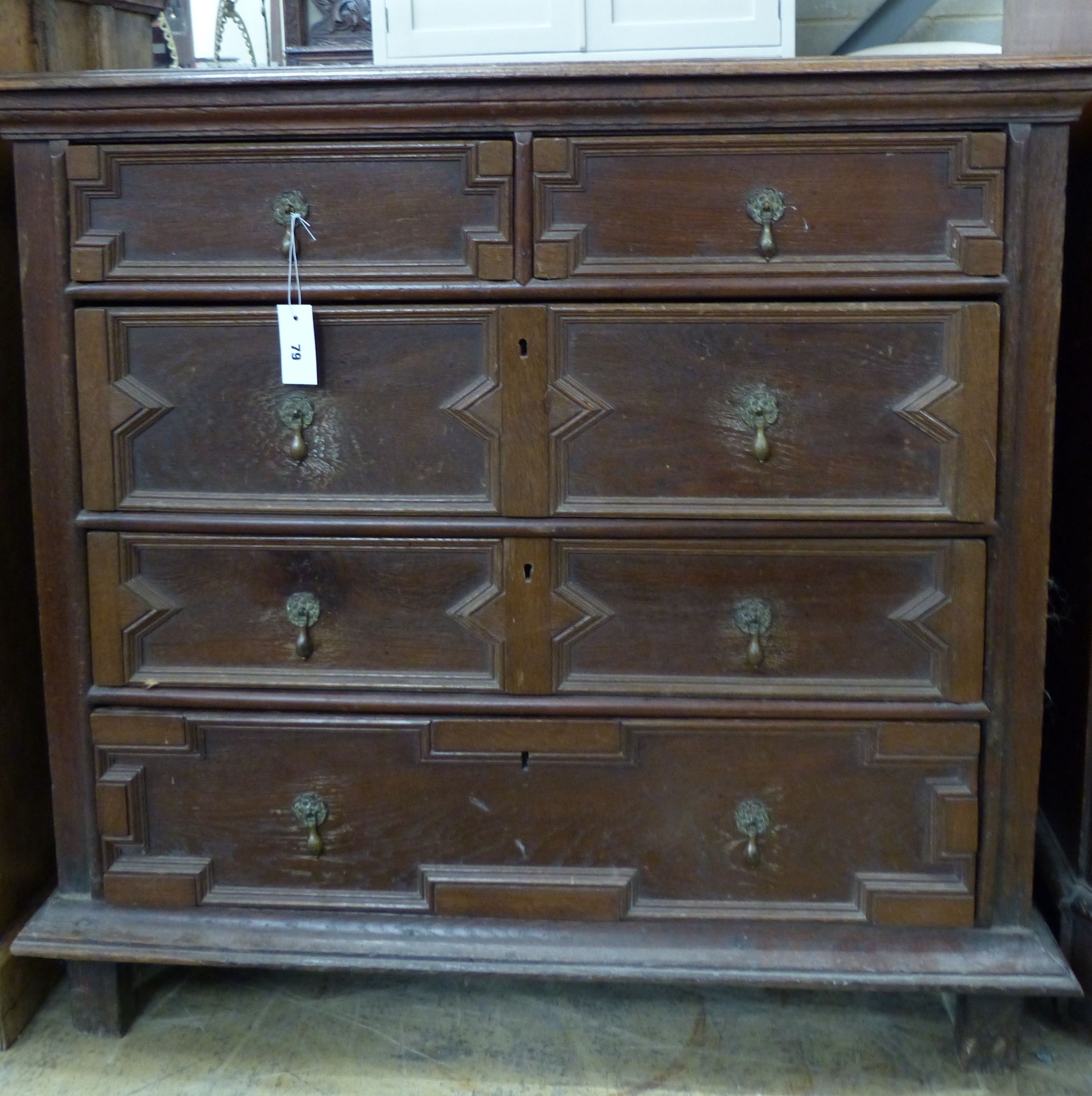 An early 18th century oak chest of five drawers, width 99cm